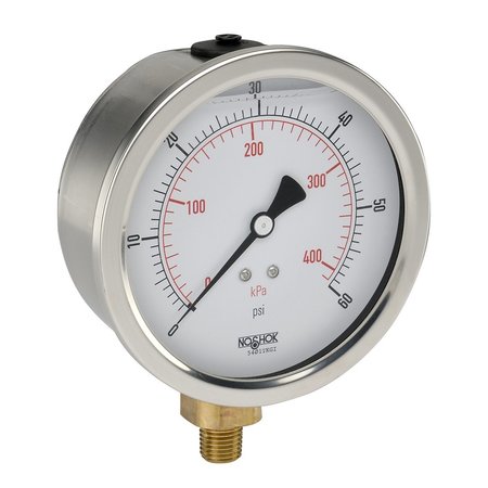 NOSHOK Pressure Gauge, 4" 304SS Case, Copper Alloy Internals, 15000 psi, 1/2 NPT Male Bottom Conn, Glycerin Filled 40-901-15000-psi-1/2